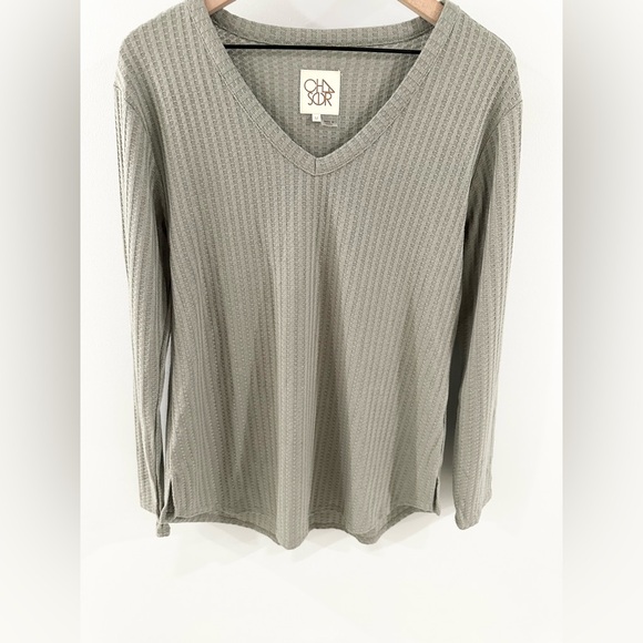 Chaser Waffle Knit V-Neck Tunic Light Olive Size Medium - Picture 6 of 8
